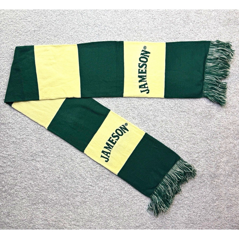 Jameson Irish Whiskey Green Cream Colorblock Fringe Winter Knit Scarf Barware